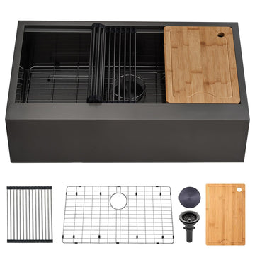 33 Inch Black Farmhouse Sink, 33x20 Gunmetal Black 16 Gauge Stainless Steel Single Bowl Workstation Flat Apron Front