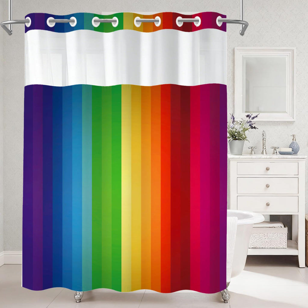 Rainbow Stripe Waffle Shower Curtains No Hooks Waffle Colorful Striped Shower Curtain Set with Snap in Liner Double