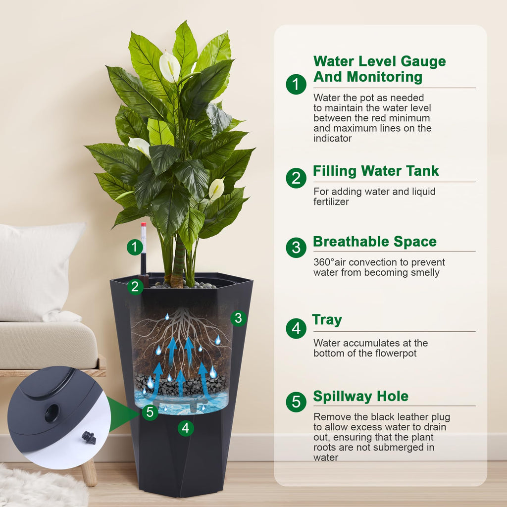 22.5" Tall Planter for Outdoor Plants, Large Taper Self Watering Pot | Flower Pots Set of 2 with Drainage Holes