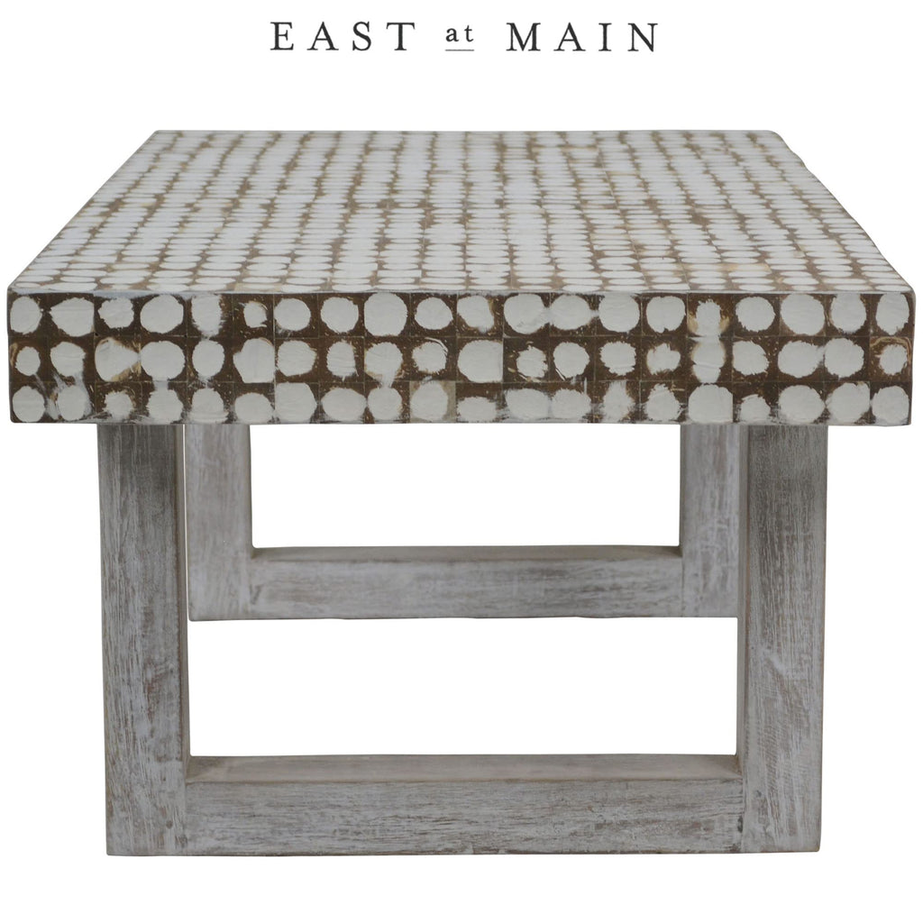 White Coffee Table - Handmade Accent Table with Coconut Shell Inlay, 40" Rectangular Wood Table, Coastal Farmhouse