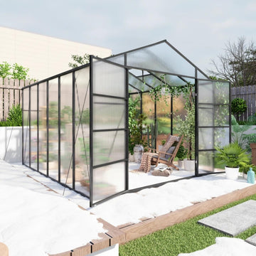 10x12 FT Greenhouse, Walk-in Heavy Duty Polycarbonate Outdoor Greenhouses with Raised Base & Anchor, Height-Enhanced