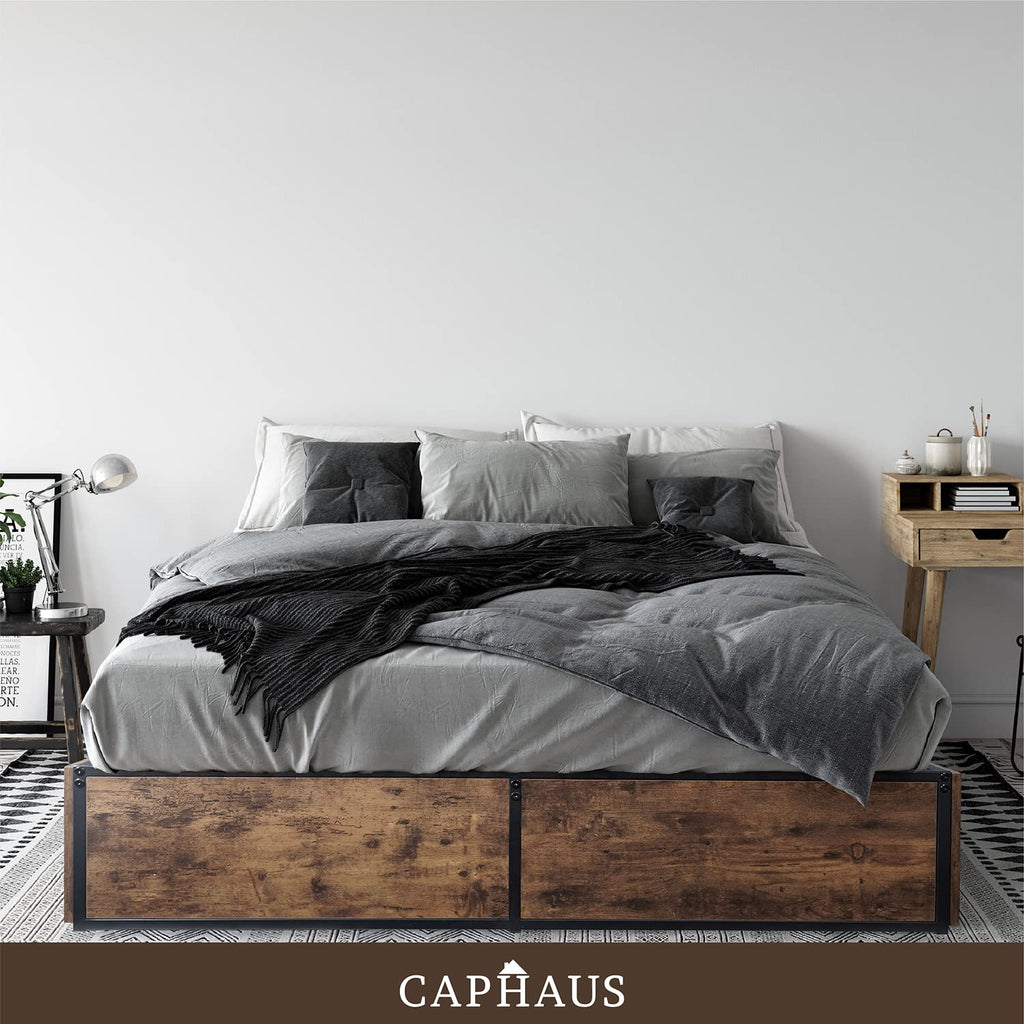 Industrial Metal Storage Bed Frame with 4 Drawers, Mattress Foundation with Metal Slat Support, Space Saving Platform