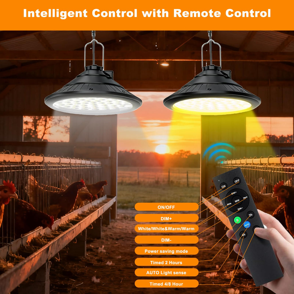 Solar Chicken Coop Light with Timer | 3-Color Dimmable LED, IP66 Waterproof & 16.4ft Cord | Hanging Ceiling Pendant