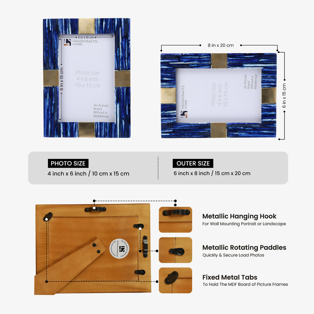 6x4 Blue Picture Frame, Handmade Bone Inlay & Brass Photo Frame for Tabletop or Wall Display, Decorative Frame for
