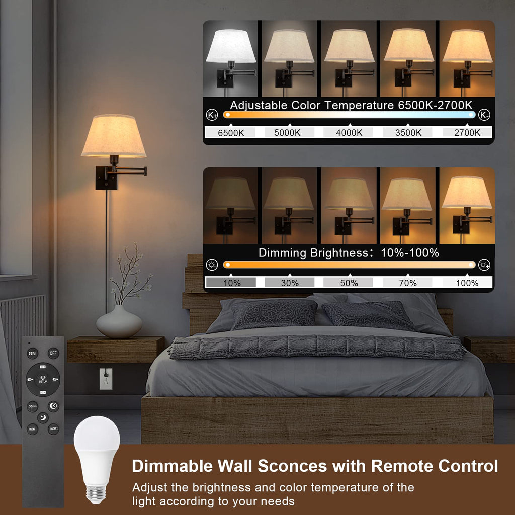 Wall Sconce Plug in, Remote Control Dimming 10-100% and Adjustable Color Temperature 2700K-6500K Swing Arm Wall