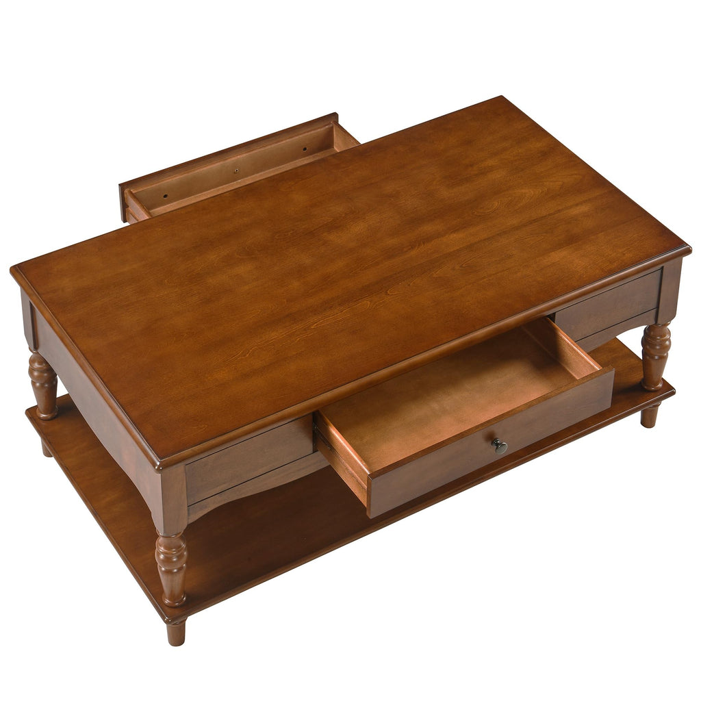 Rectangular Coffee Table with 2 Storage Drawers, Mid-century Solid Wood Living Room Table with Carved Leg, Elegant