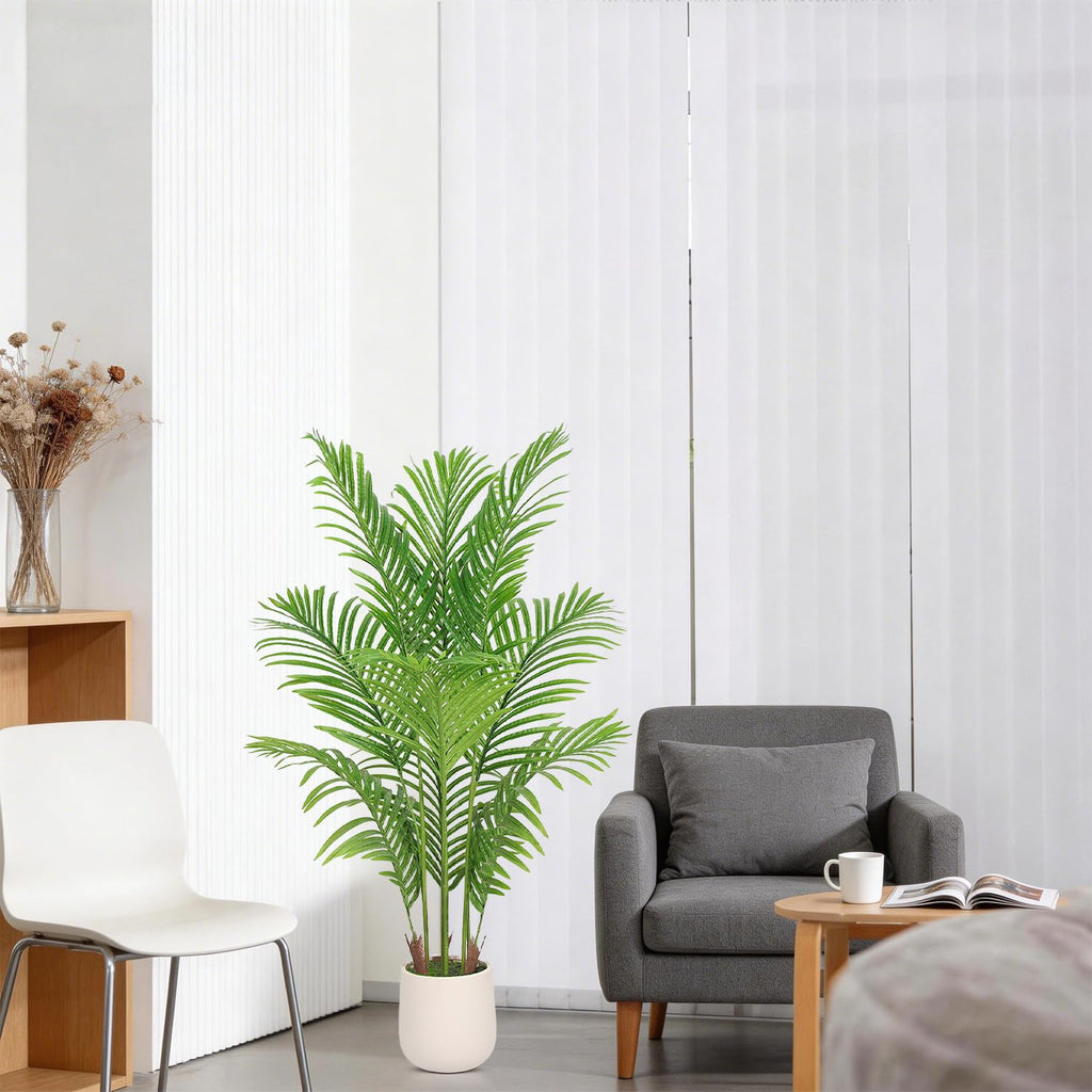 Artificial Palm Tree 4FT with White Planter, Faux Tropical Areca Floor Plant with Lifelike Green Leaves, Indoor Faux