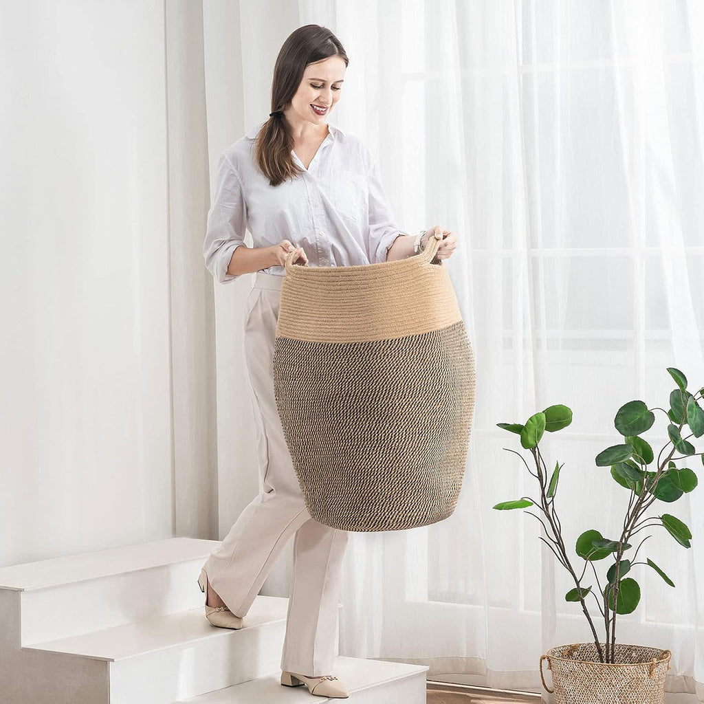 105L Cotton Rope Laundry Hamper, Collapsible Woven Basket | Extra Large Woven Laundry Hamper with Sturdy Handles