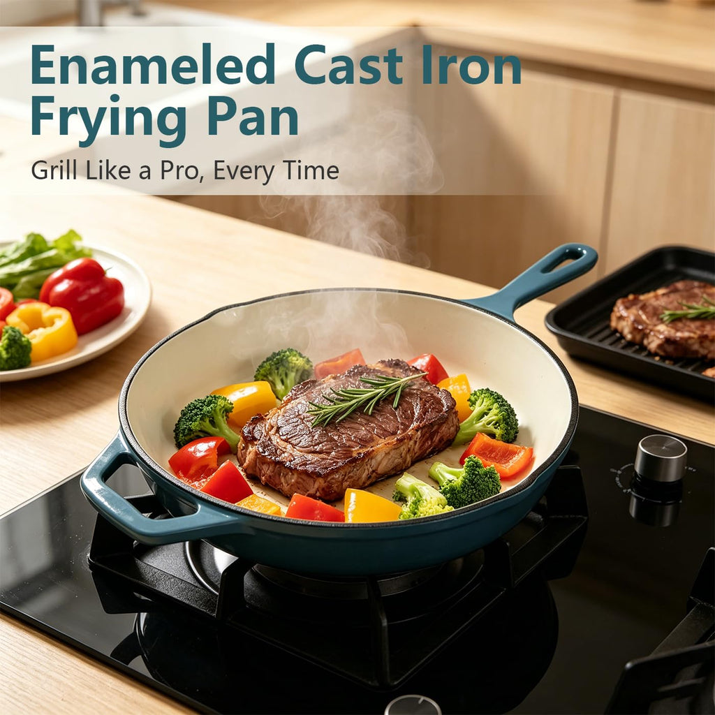 Enameled Cast Iron Skillet, Nonstick Frying Pan (Peacock Blue, 10 inch)