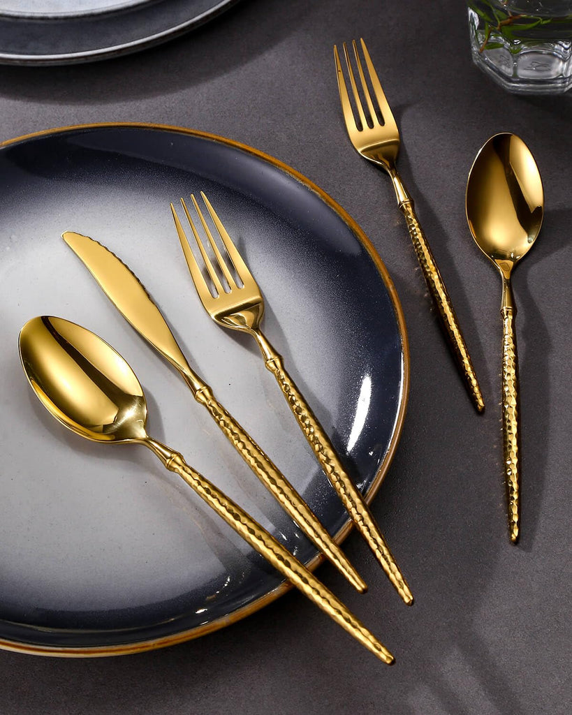 20-Piece Hammered Gold Silverware Set,18/10 Stainless Steel Forging Heavy Duty Cutlery Set for 4, Luxury Unique