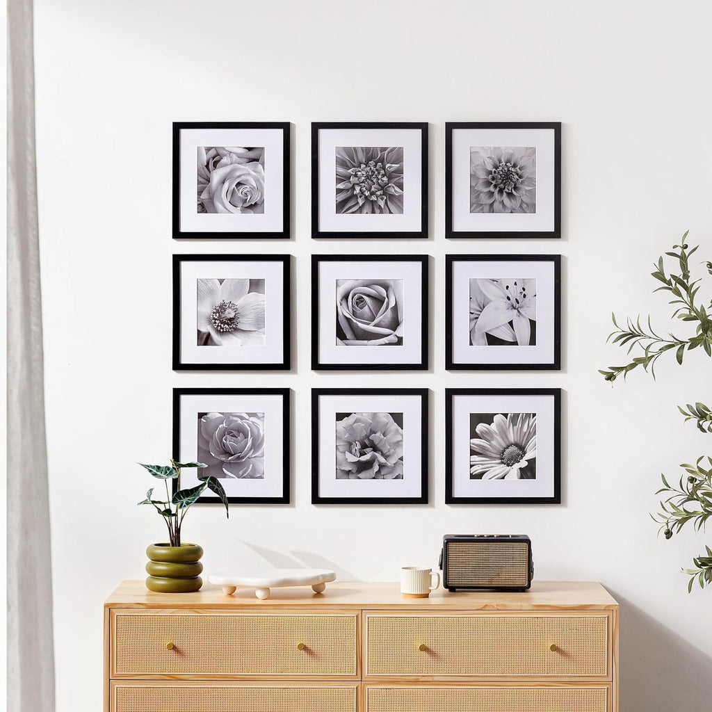 Picture Frames Set of 9, 12x12 in, Acrylic Cover, Black | Display Photo 8x8 with Mat or 12x12 without, Square Gallery