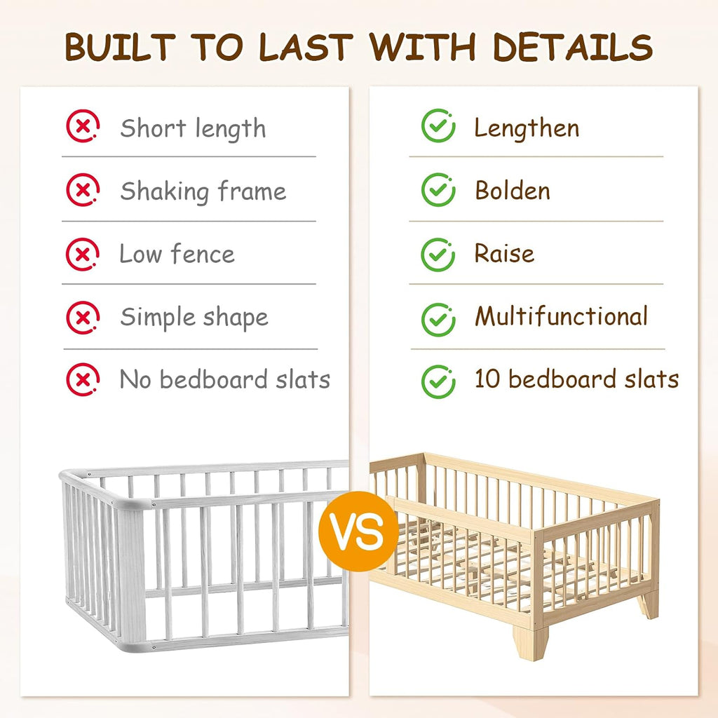 Montessori Floor Bed for Kids, Removable Rails, Burlywood