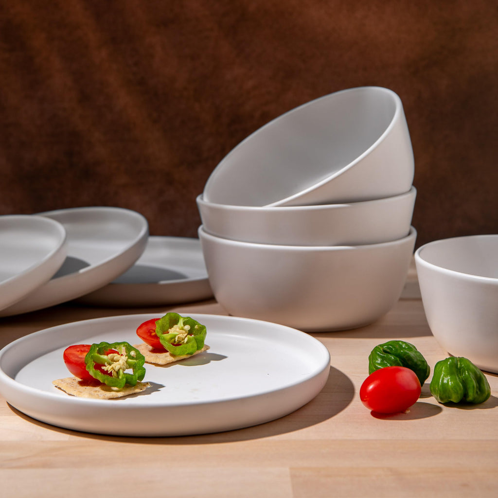 White Dinnerware Set, Stoneware Plates and Bowls, Dish Set for 4