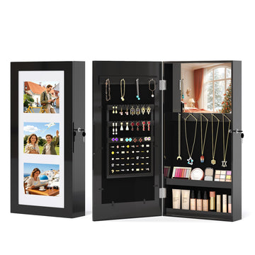 Jewelry Organizer with Photo Frame and Mirror, Wall-Mounted, Black