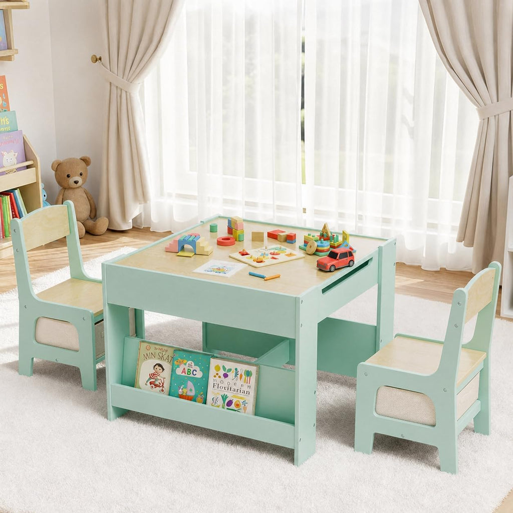 Kids Table & 2 Chairs Set, 4 in 1 Wooden Activity Table w/Bookshelf