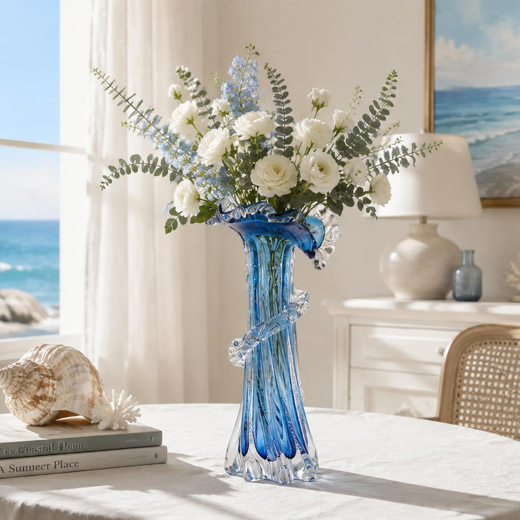 Blue Clear Wave Vases Gradient, Murano Hand Blown Glass Vase Unique Art Decorative, for Ocean Themed Coastal Home