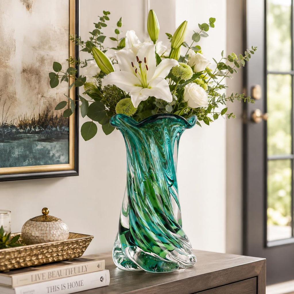 Hand Blown Glass Vase, Teal Green Emerald Gradient Wide Mouth Art Glass Vase, Unique Decorative Vase Coffee Table