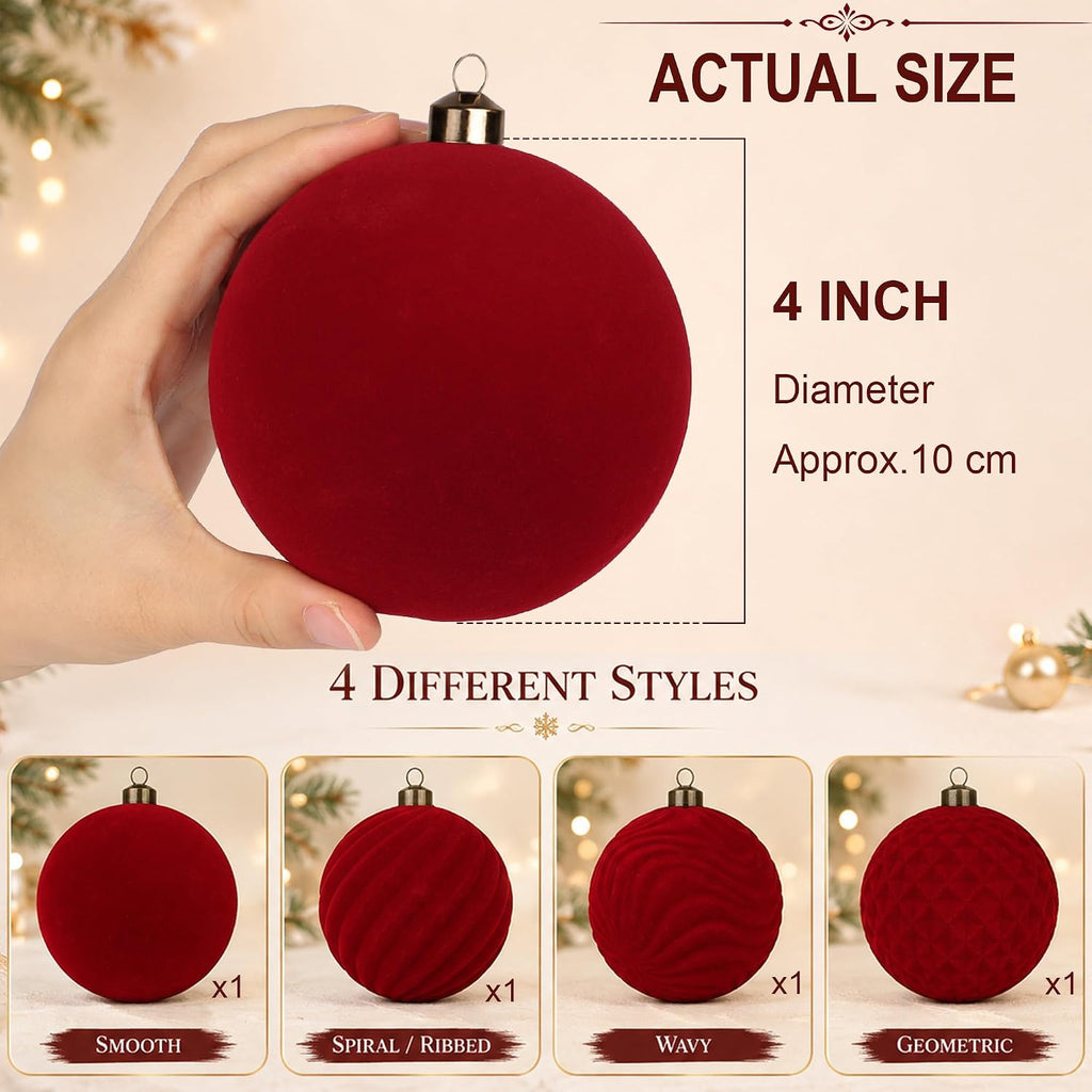 Inch Velvet Christmas Ball Ornaments, Large Tree Decorations, Burgundy, 4 - Set of 4