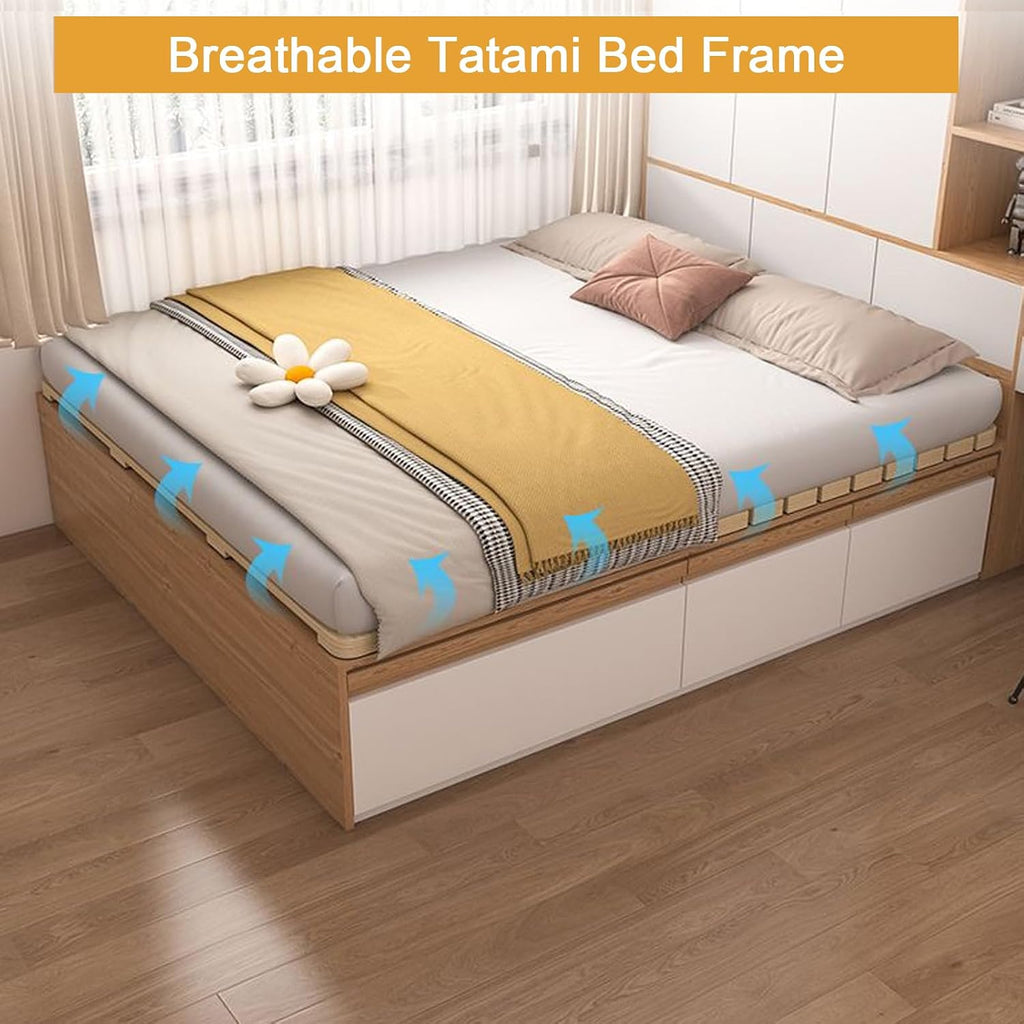 Folding Solid Wood Bed Frame, Foldable Japanese Floor Tatami Bed Frame, Wooden Roll-Type Slatted Floor Beds, Guest