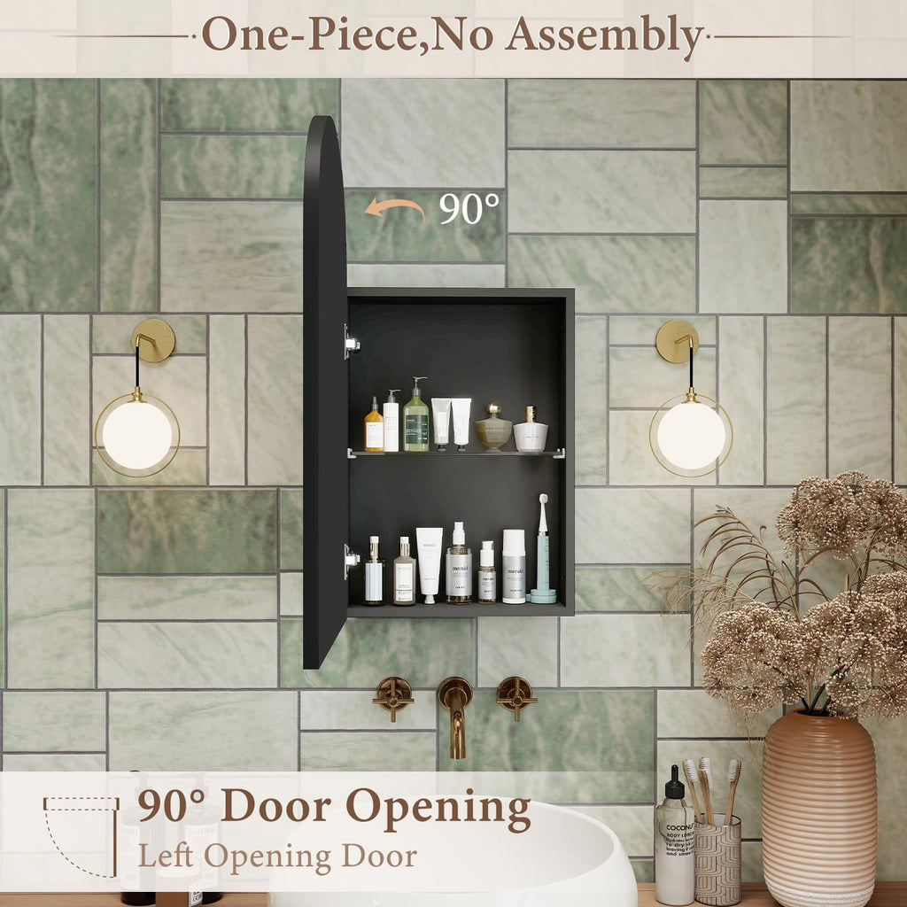 Arched Recessed Medicine Cabinet with Mirror, 20 x 30 Inch, Black Frame
