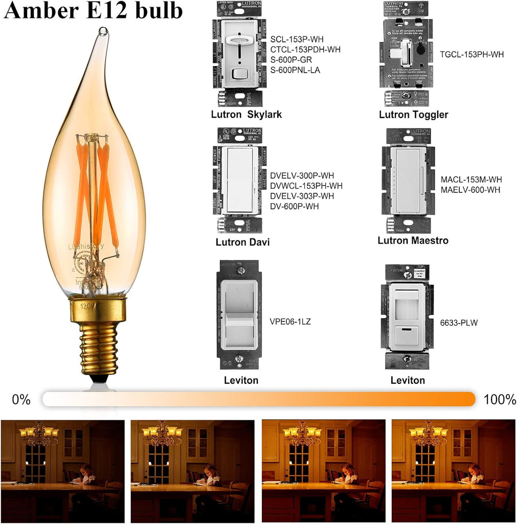 CA10 E12 Candelabra Bulb 40 watt,Amber Light Bulbs,2200K,6Pack
