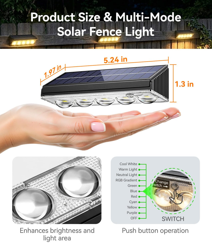 Solar Fence Lights Outdoor Waterproof, 12 Pack Warm White & 9 Fixed Colors & Color Changing Fence Lights Solar