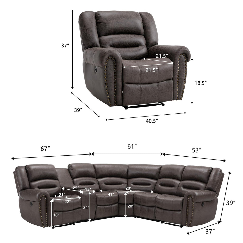 L-Shaped Power Reclining Sectional Sofa Set, Faux Leather Corner Couch Home Furniture Set with Storage Console, Cup