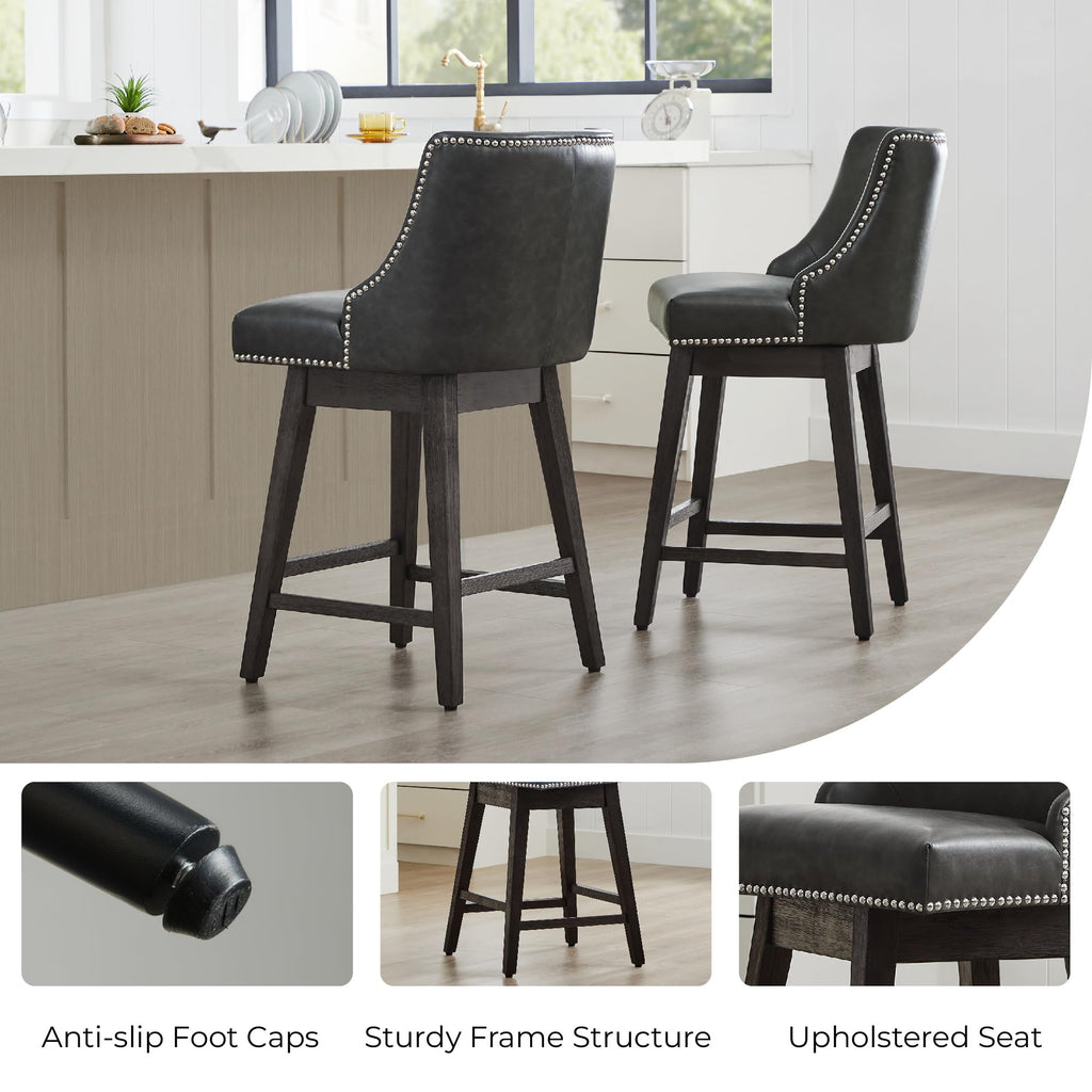 26" Counter Height Swivel Bar Stools, Retro Grey Faux Leather, 2-Pack