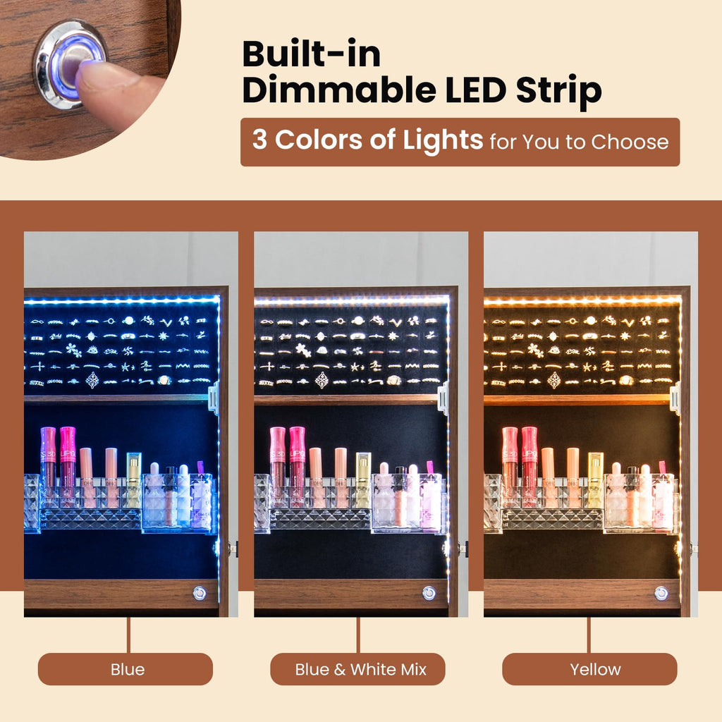 Standing Jewelry Cabinet with LED Lights & Full-Length Mirror (Walnut)