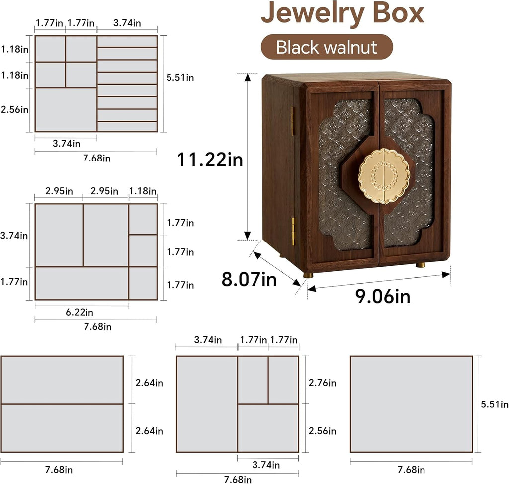 Black Walnut Wood Jewelry Box for Women, Large