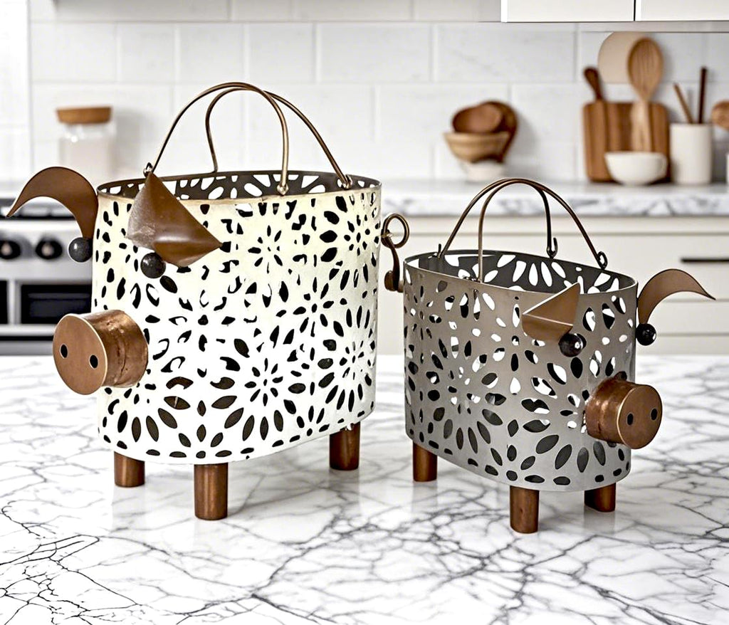 Farmhouse Metal Small Storage Basket Set, 2 Count Pig Decor