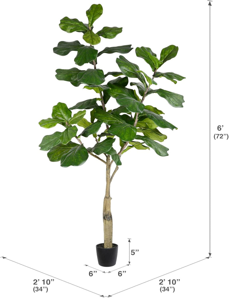6ft Artificial Potted Fiddle Tree - 65 Large Fiddle Leaves - Tall - Green Silk Artificial Indoor Fiddle Plant