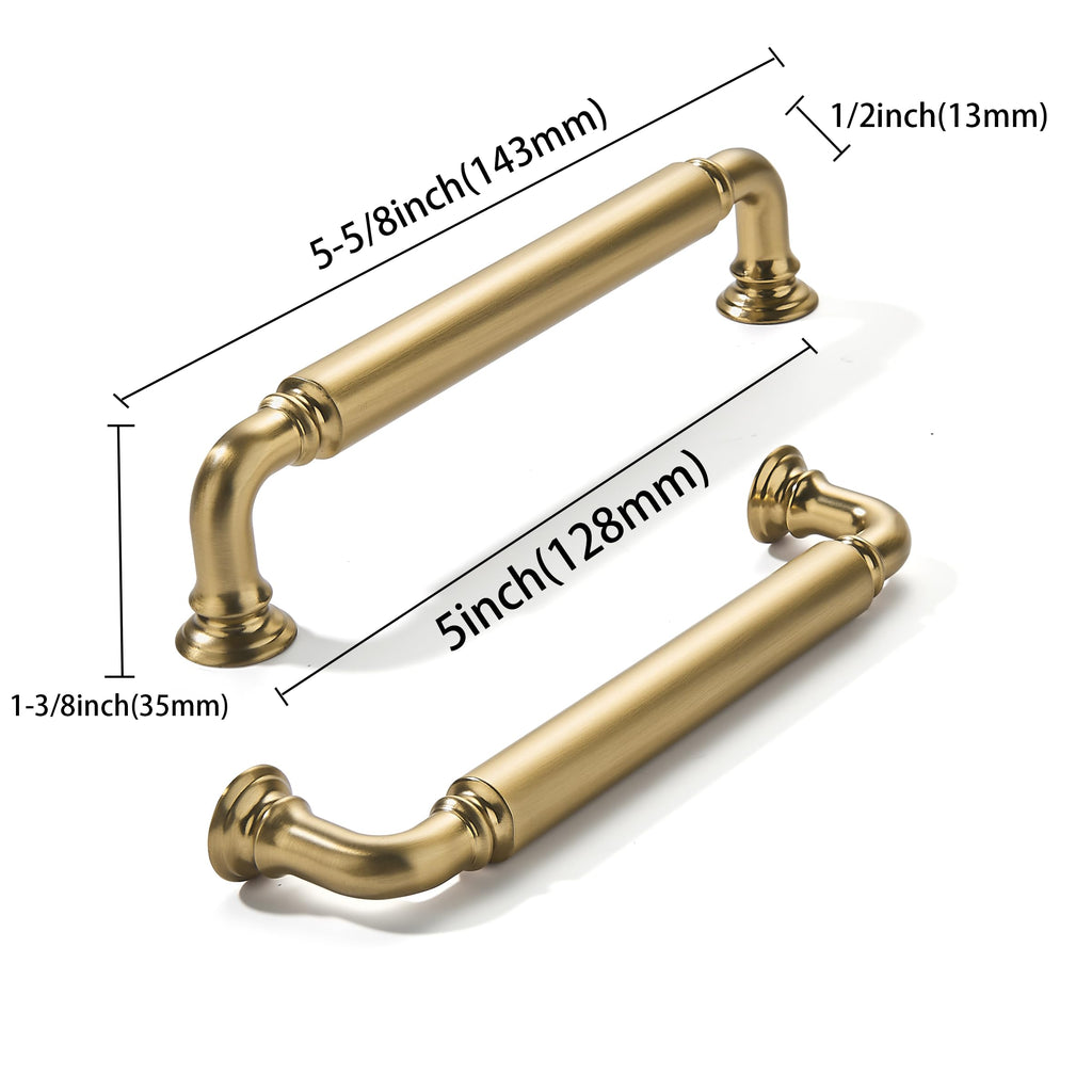 10-Pack Champagne Bronze Heavy-Duty Solid Cabinet Pulls, 5 Inch (128mm) Hole Center, Satin Brass Drawer Pulls