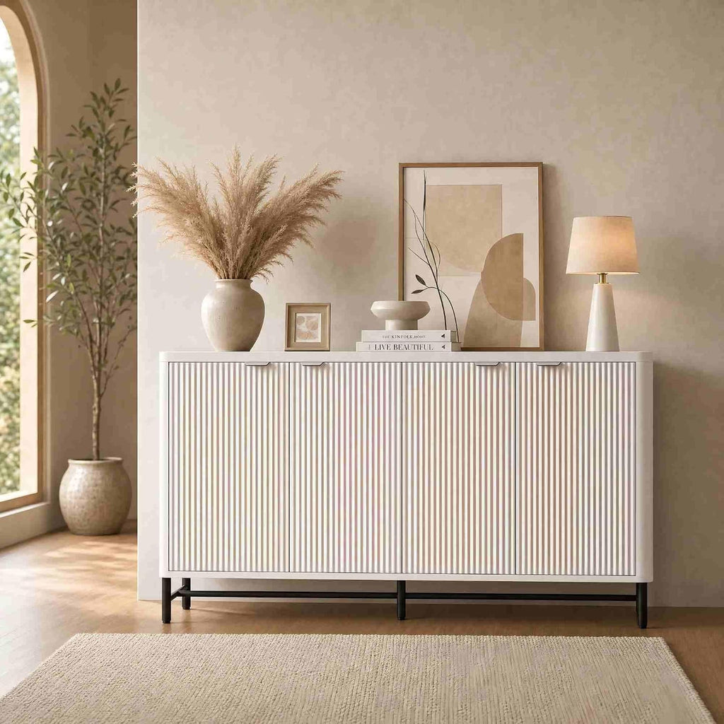 65" Buffet Cabinet with Storage, Fluted Credenza Sideboard with 4 Doors & Adjustable Shelves