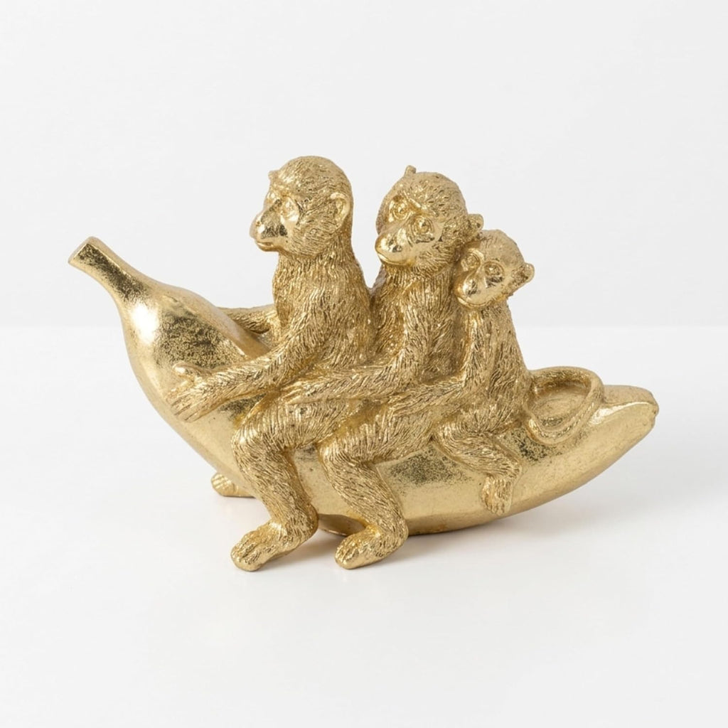 Hand Painted Three Monkeys on Banana Figurine Decor - Animal Sculpture , & Living Room Accent - Playful Ornaments for