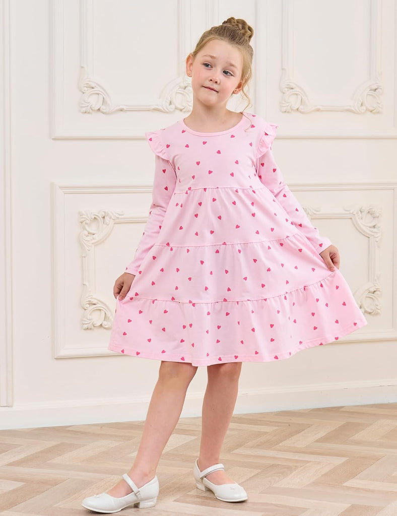 Girl's Dresses Cotton Ruffle Sleeve Tiered Swing A-Line Cute Midi Casual Sundress