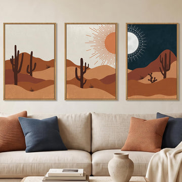 Boho Desert Framed Canvas Wall Art, Abstract Sun Moon Wall Decor, Modern Cactus Landscape Painting, Mid Century