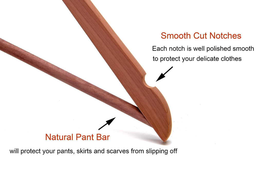 American Red Cedar Wooden Coat Suit Hangers, Wood Skirt Dress Hangers, Smooth Cut Notches- 360°Flexible Hook- Solid