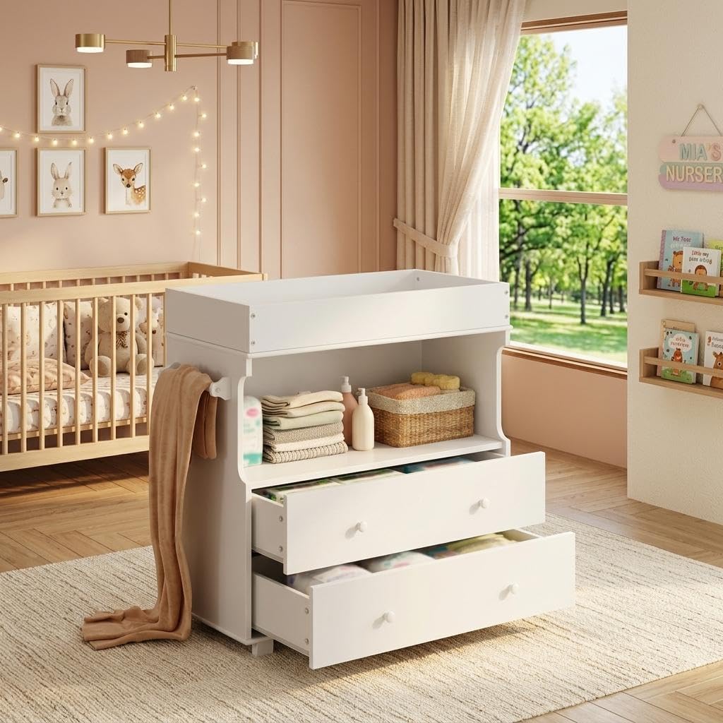 Baby Changing Table with Drawer and Storage Shelves | Heavy Duty Diaper Station , White Wooden Changing Table with