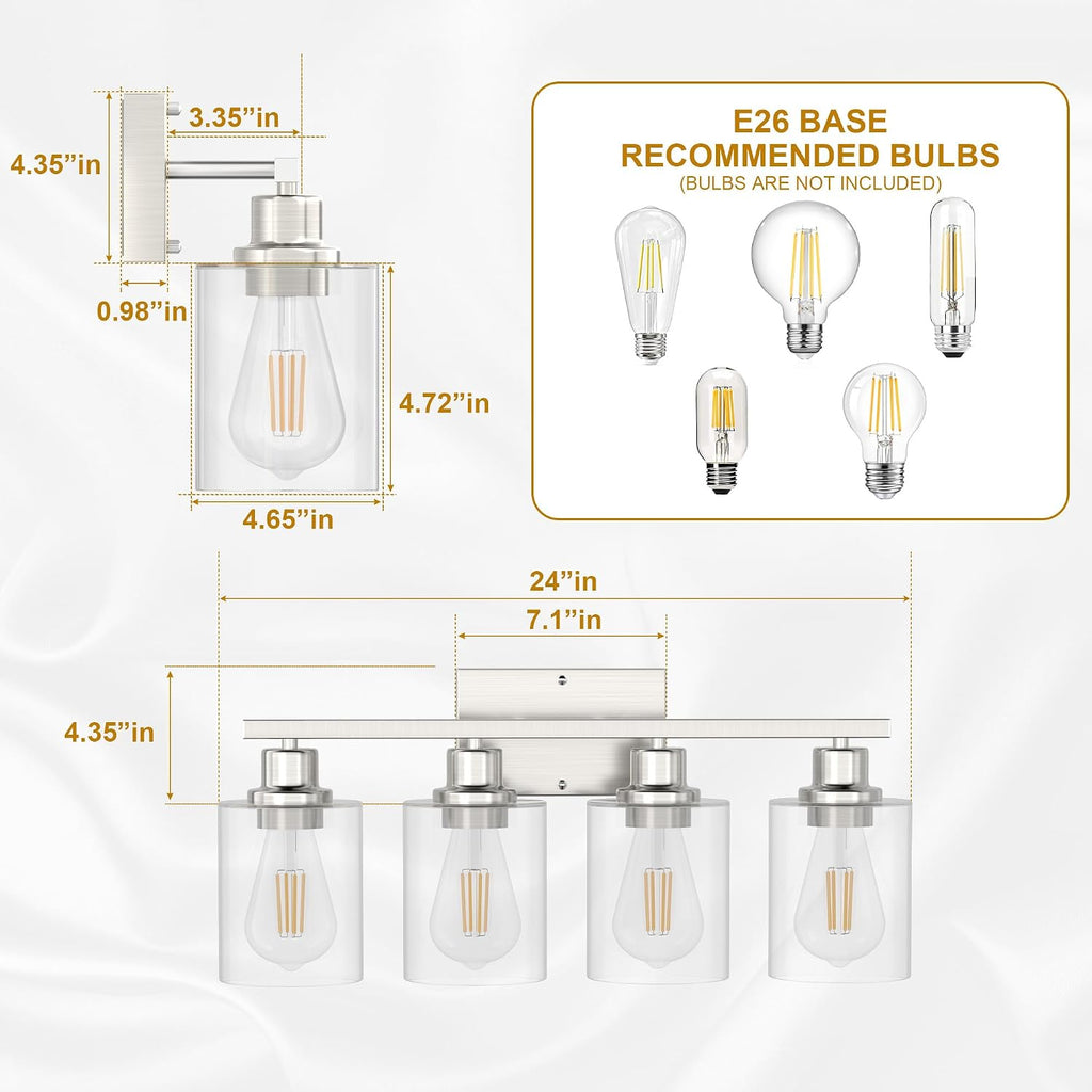 Bathroom Lighting Fixtures Over Mirror Brushed Nickel, 24Inches Vanity Lights , Modern 4-Light Wall Sconces E26 Base