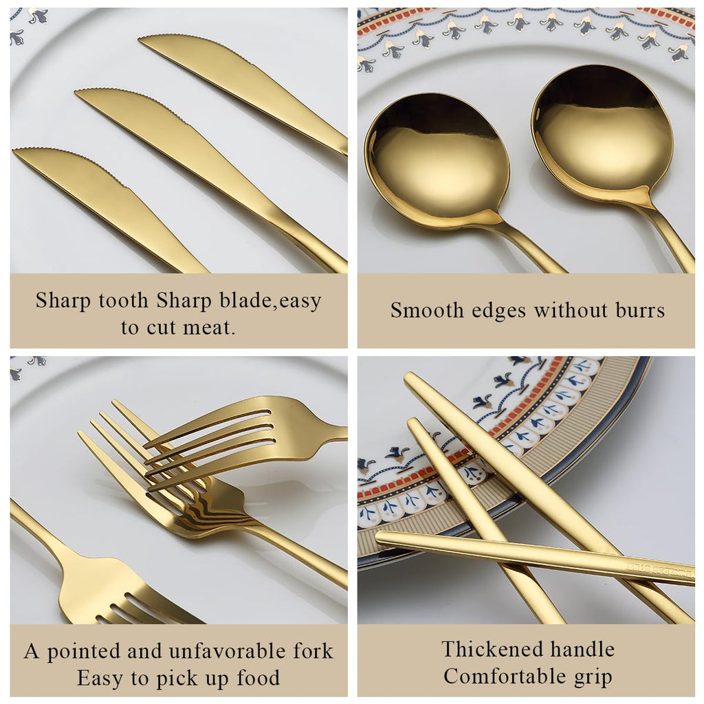 Gold Silverware Set 60 Piece Service for 20, Titanium Gold Plated Stainless Steel Flatware Set, Knives Forks Spoons