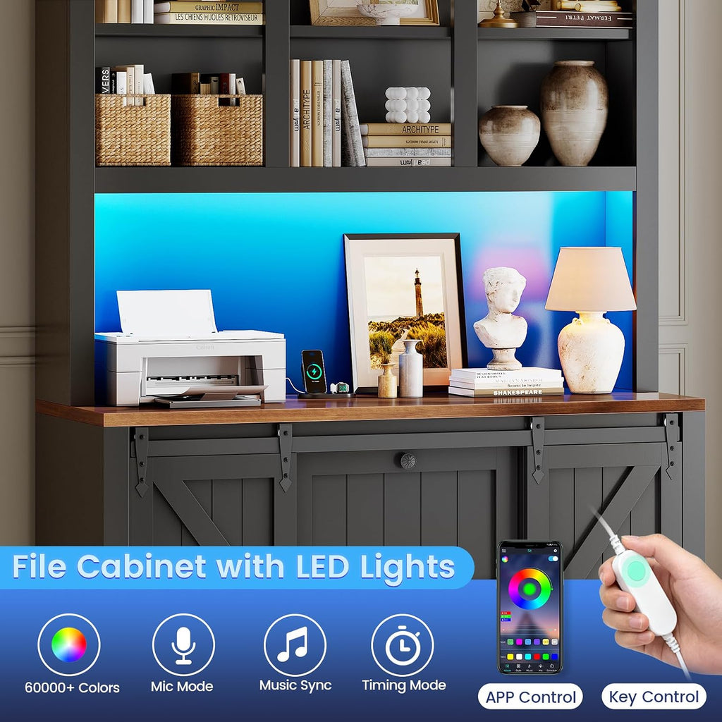 2 Drawer File Cabinet with Power Strip, 41" Farmhouse Filing Cabinet fits Legal, Letter, A4 Size Files , Printer