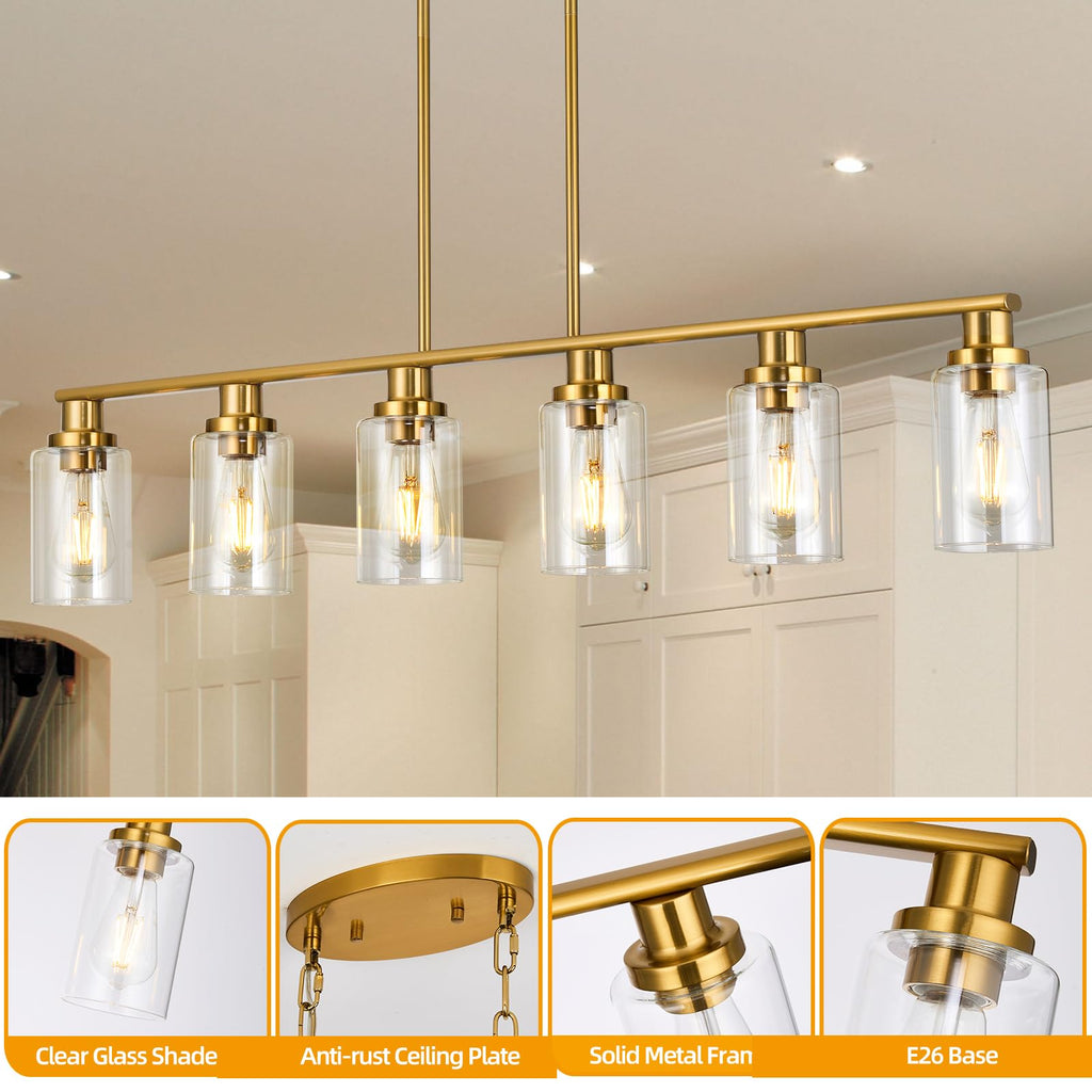Kitchen Island Lighting, 6-Light Modern Dining Room Light Fixture Over Table,44.3'' Vintage Farmhouse Gold Linear