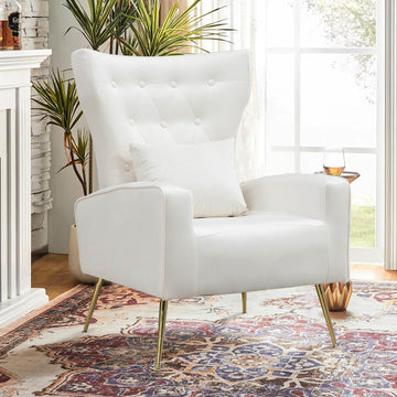Velvet Accent Chair, Mid-Century Arm Chair with High Wingback & Button-Tufted, Living Room Bedroom Armchair with Gold