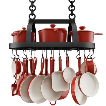 Ceiling Pot Rack 34-Inch Hanging Pot Rack Oval Pot and Pan Rack Matte Black Pot Hanger with 20 S Hooks (For 16"