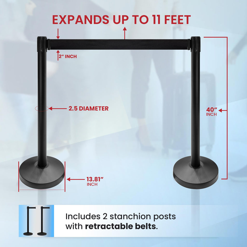 Retractable Belt Stanchions, 2-Pack, 11 Ft Black