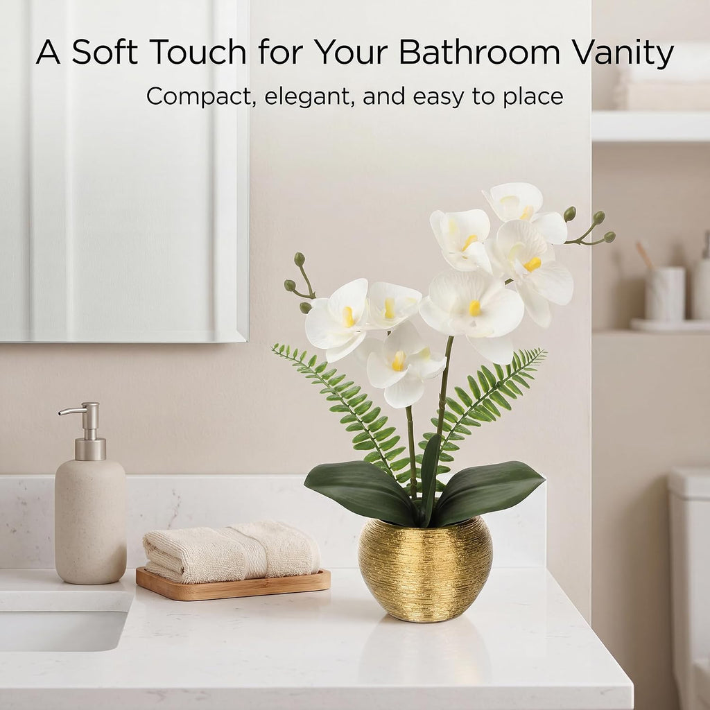 Artificial Orchid Flowers in Gold Ceramic Pot, 13" Small White Faux Phalaenopsis Orchid Floral Arrangement Fake Silk