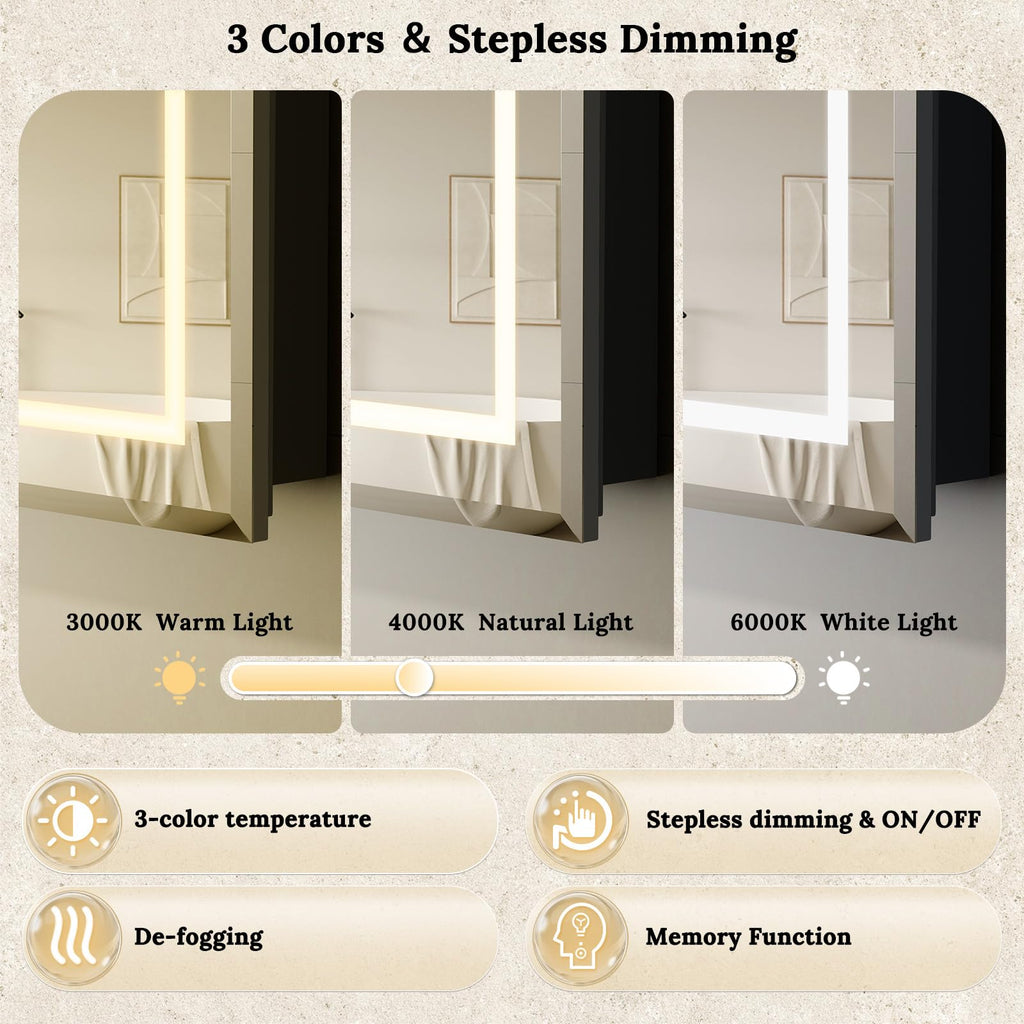 36"X30" Bathroom Medicine Cabinet with Mirror, LED Lighted Medicine Cabinet with Anti-Fog, 3 Colors Temperature