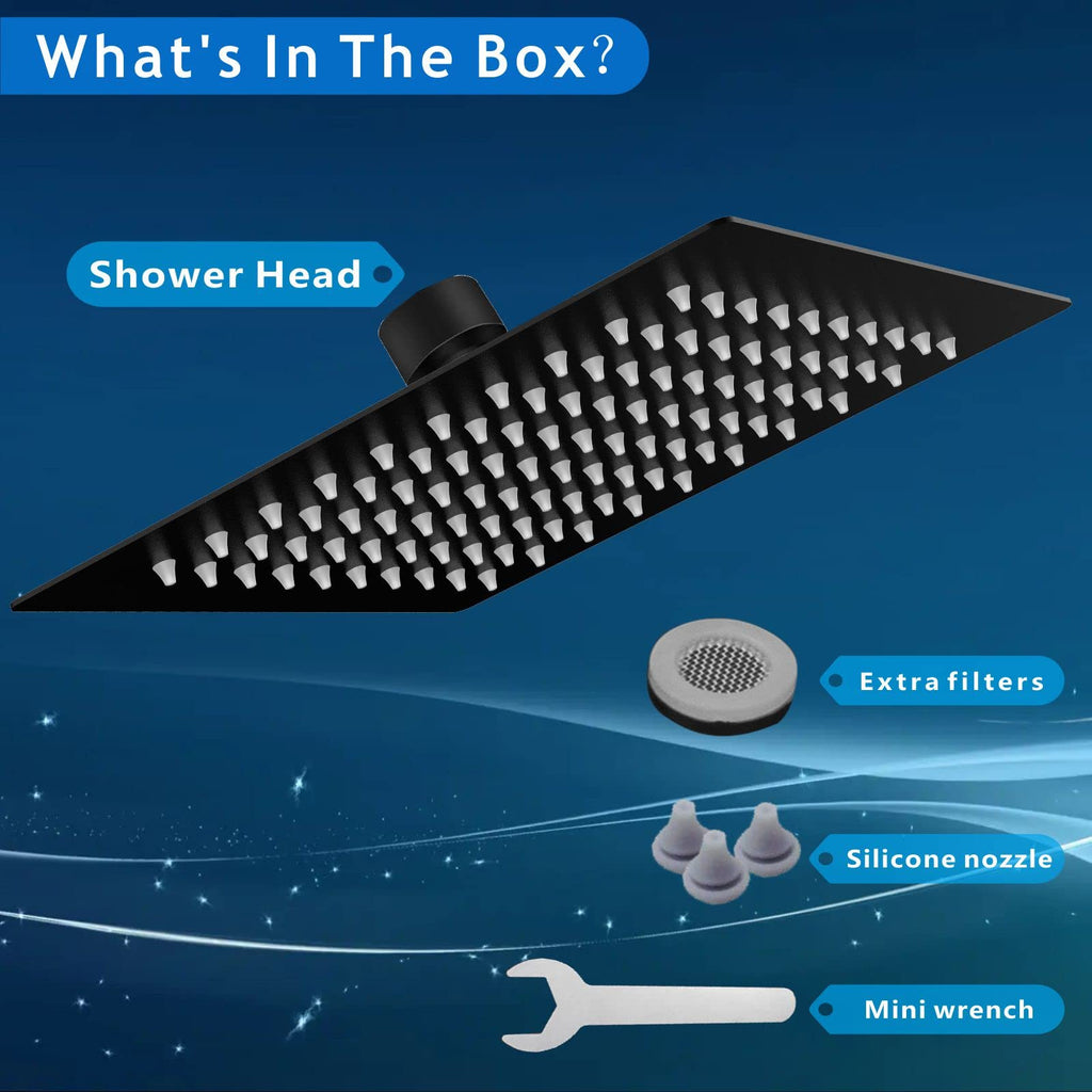 Rain Shower Head - High Flow Large Rainfall Shower Heads Made of Stainless Steel - Waterfall Bathroom Square