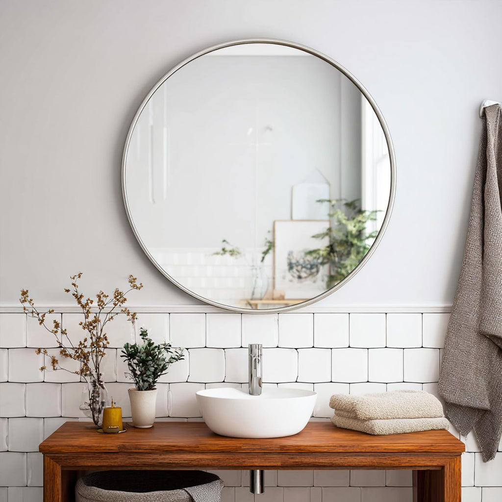 Silver Round Mirror 40 inch, Circle Mirror with Brushed Metal Frame